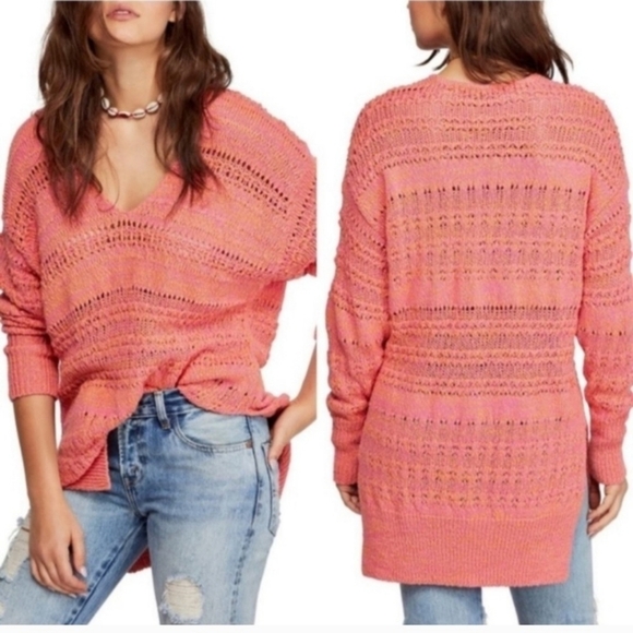 Free People Sweater Large Orange Hot Tropics Pullover Oversized Open Stitch - Picture 1 of 9